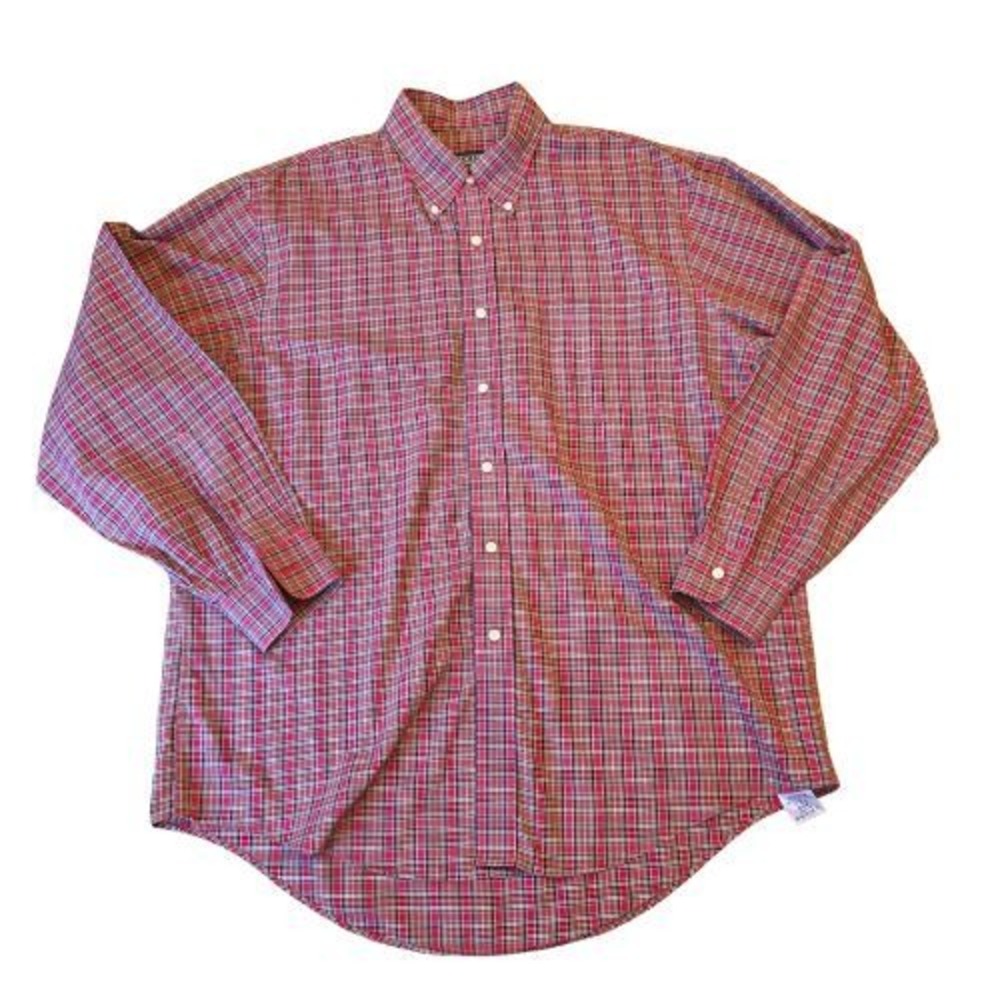 Vintage 90s Lands End Mens 16.5/34 Red Plaid Button Down Long Sleeve 100% Cotton